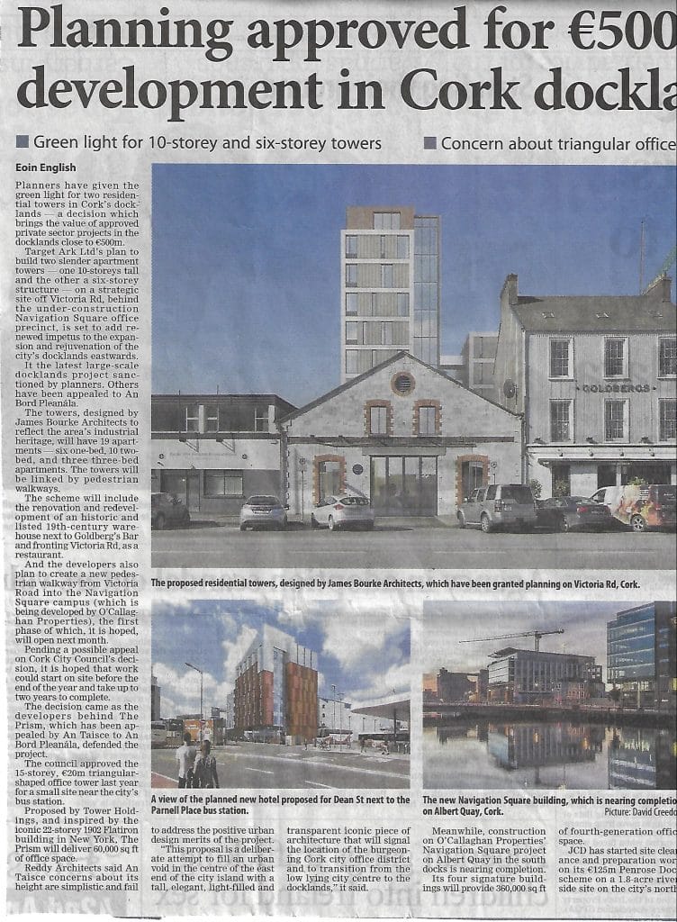 Irish Examiner Article, "Planning Approved for €500 million development in Cork Docklands"